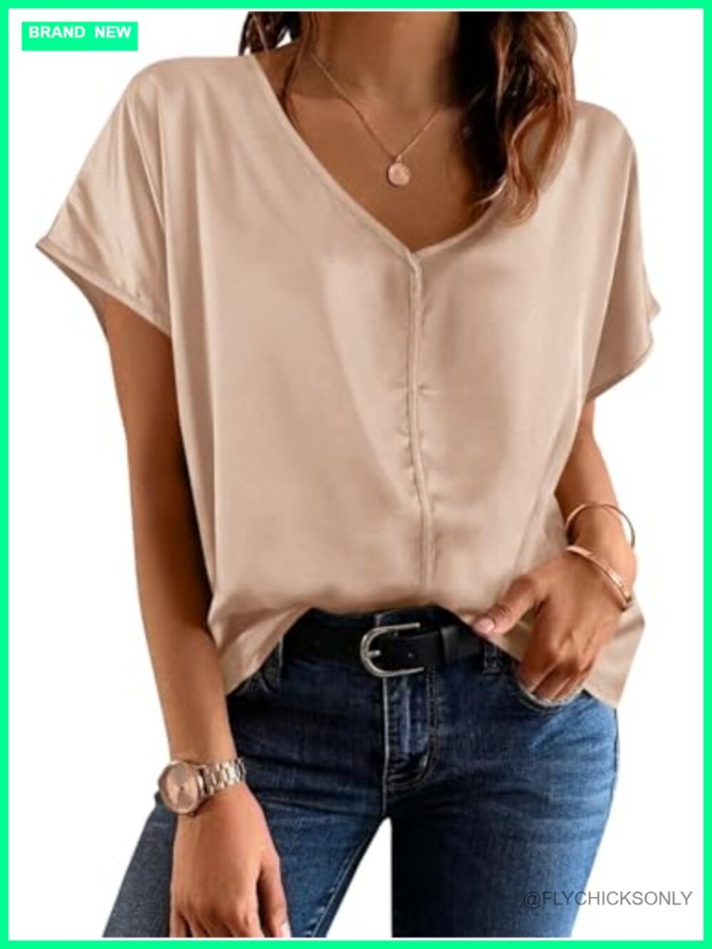 Fisoew Womens Satin Silk Blouse Cap Sleeve V Neck Loose Fit Dressy Casual Work